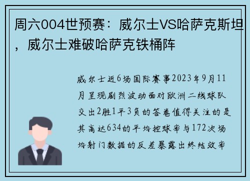 周六004世预赛：威尔士VS哈萨克斯坦，威尔士难破哈萨克铁桶阵