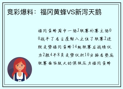 竞彩爆料：福冈黄蜂VS新泻天鹅